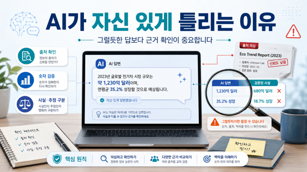 AI가 사실과 추정을 혼합해 자신 있게 틀린 답변을 만들 수 있어 숫자와 출처를 검증해야 하는 과정을 표현한 이미지