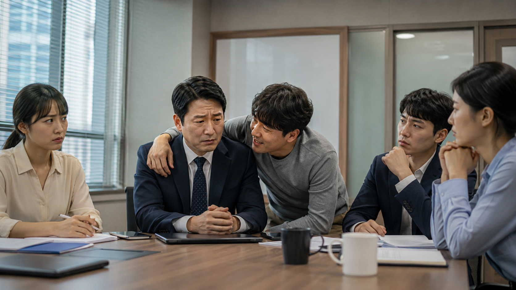 대표와 오래된 직원의 사적인 관계로 조직관리에 어려움을 겪는 소규모 기업 회의 모습