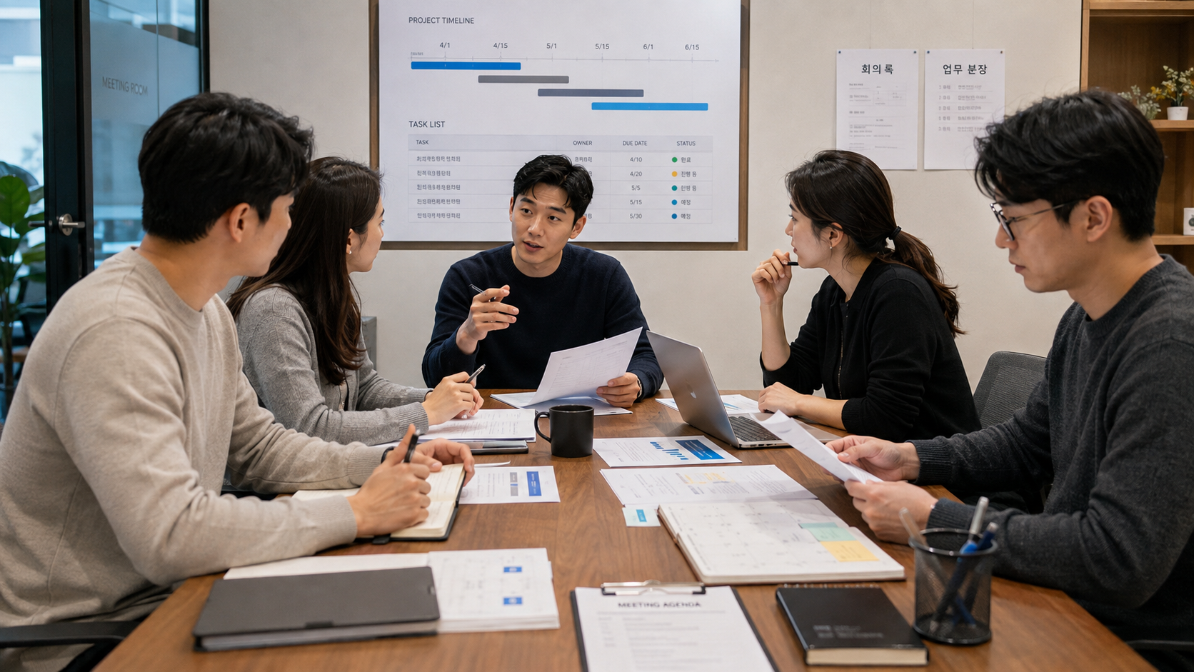 사전자료와 회의록을 바탕으로 업무진행 상황과 일정, 담당업무를 점검하는 소규모 기업의 체계적인 회의 모습
