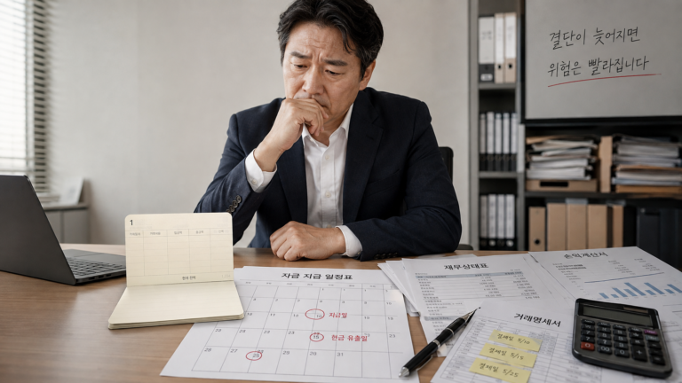 텅 빈 통장과 지급일정표를 앞에 두고 결정을 미루는 중소기업 대표자의 모습