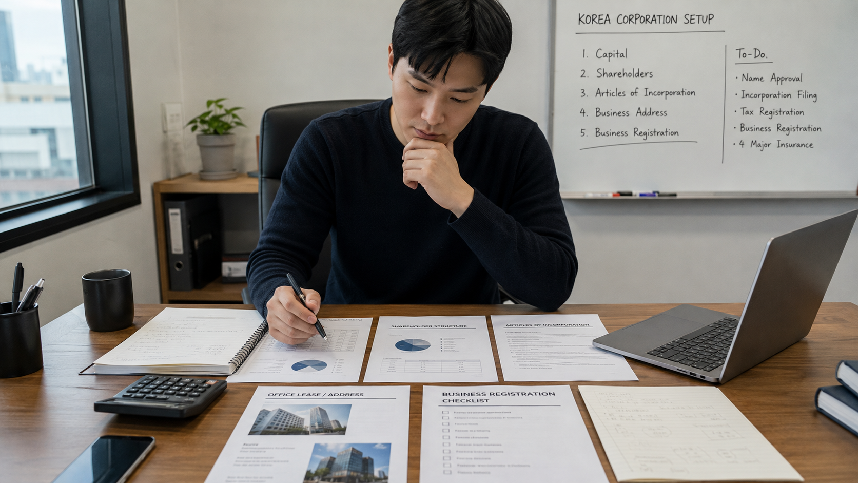 법인설립을 준비하며 자본금, 주주구성, 정관과 사업장 주소 등 주요 항목을 검토하는 창업자의 모습