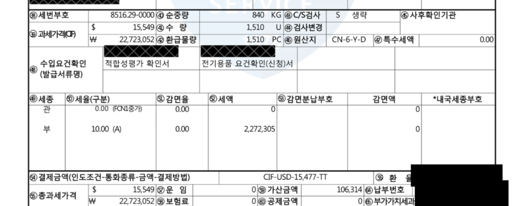 수입신고필증의 결제금액과 과세가격, 가산금액 표시 부분