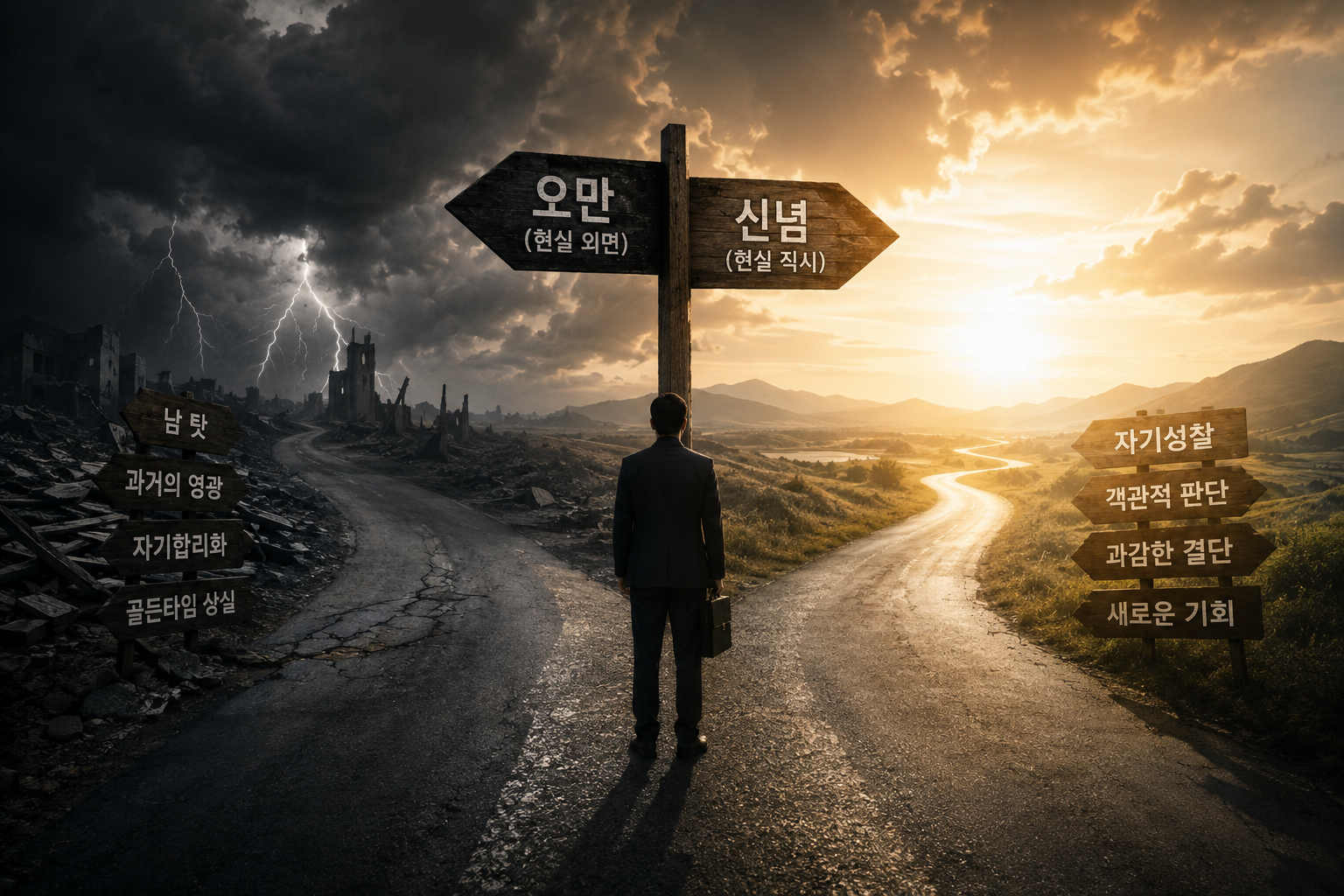 사업실패를 부르는 오만을 피해야 한다는 뜻을 전달하는 이미지
