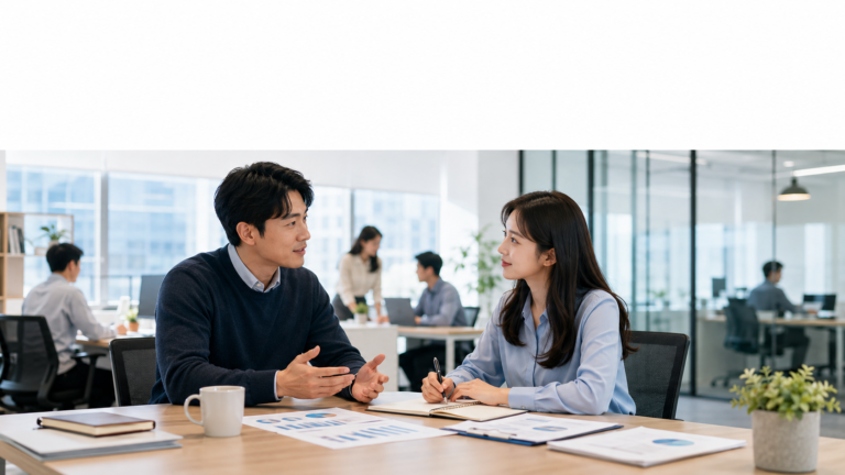 인사평가는 직원과 대표의 의사소통임을 설명하는 이미지