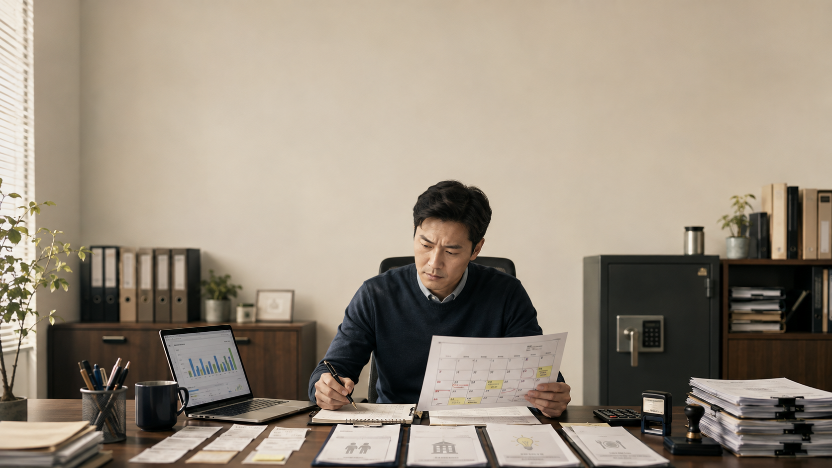 각종 지출문서를 날짜별로 관리하는 대표의 모습