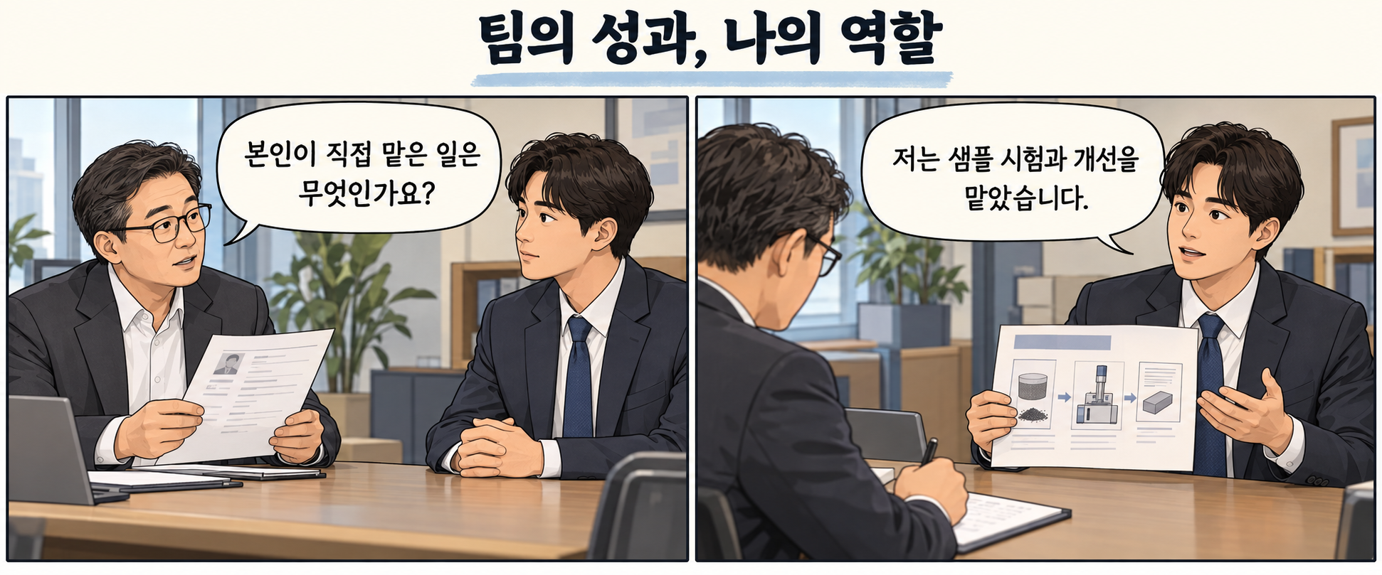 면접관이 직접 맡은 일을 묻고 지원자가 샘플 시험과 개선이라는 자신의 역할을 설명하는 2컷 만화
