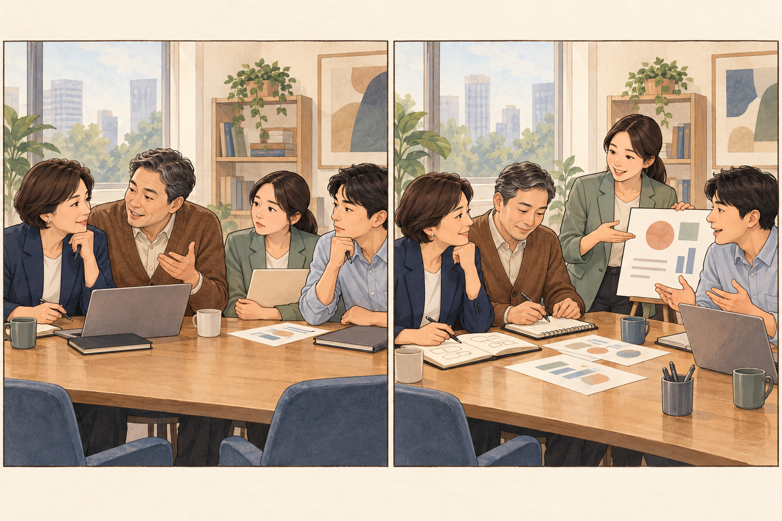 대표와 가까운 동료만 대화하는 회의와 구성원 모두가 역할에 따라 참여하는 회의를 대비한 두 장면