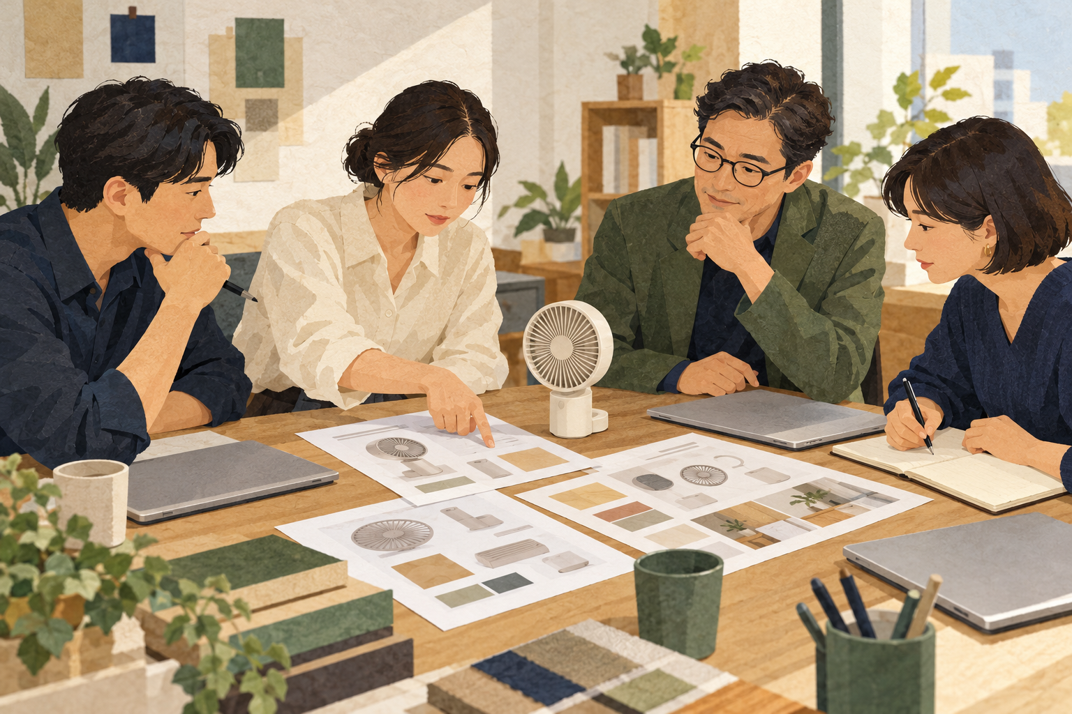 상품기획 회의에서 네 명의 동료가 사전자료와 제품 샘플을 함께 검토하고 실행사항을 기록하는 삽화