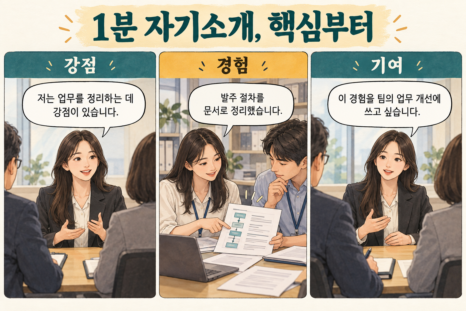지원자가 강점, 실제 경험, 입사 후 기여를 차례로 설명하는 1분 자기소개 3컷 만화