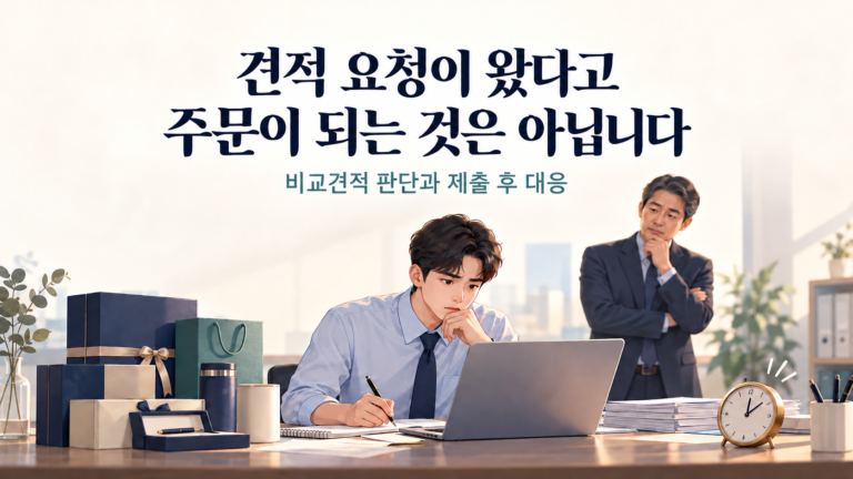 견적 요청을 받고 제안서를 준비하는 영업사원과 구매 가능성을 살피는 팀장 — 비교견적 판단과 제출 후 대응